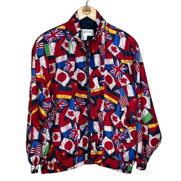 Lavon Petite Women’s World Flags 100% Silk Vintage 90s Y2K Windbreaker Sz PM - Picture 2 of 10